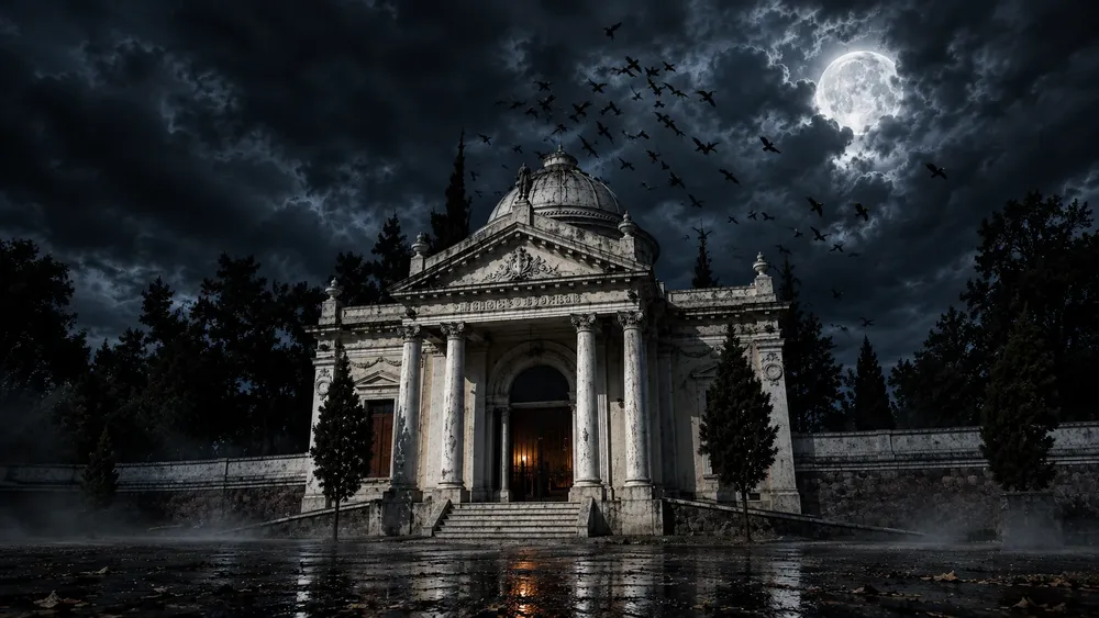 Moonlit Mausoleum Among Ravens